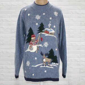 VICTORIA JONES Sweater Angora Blend Snowman Reindeer Embellished Heather Blue L
